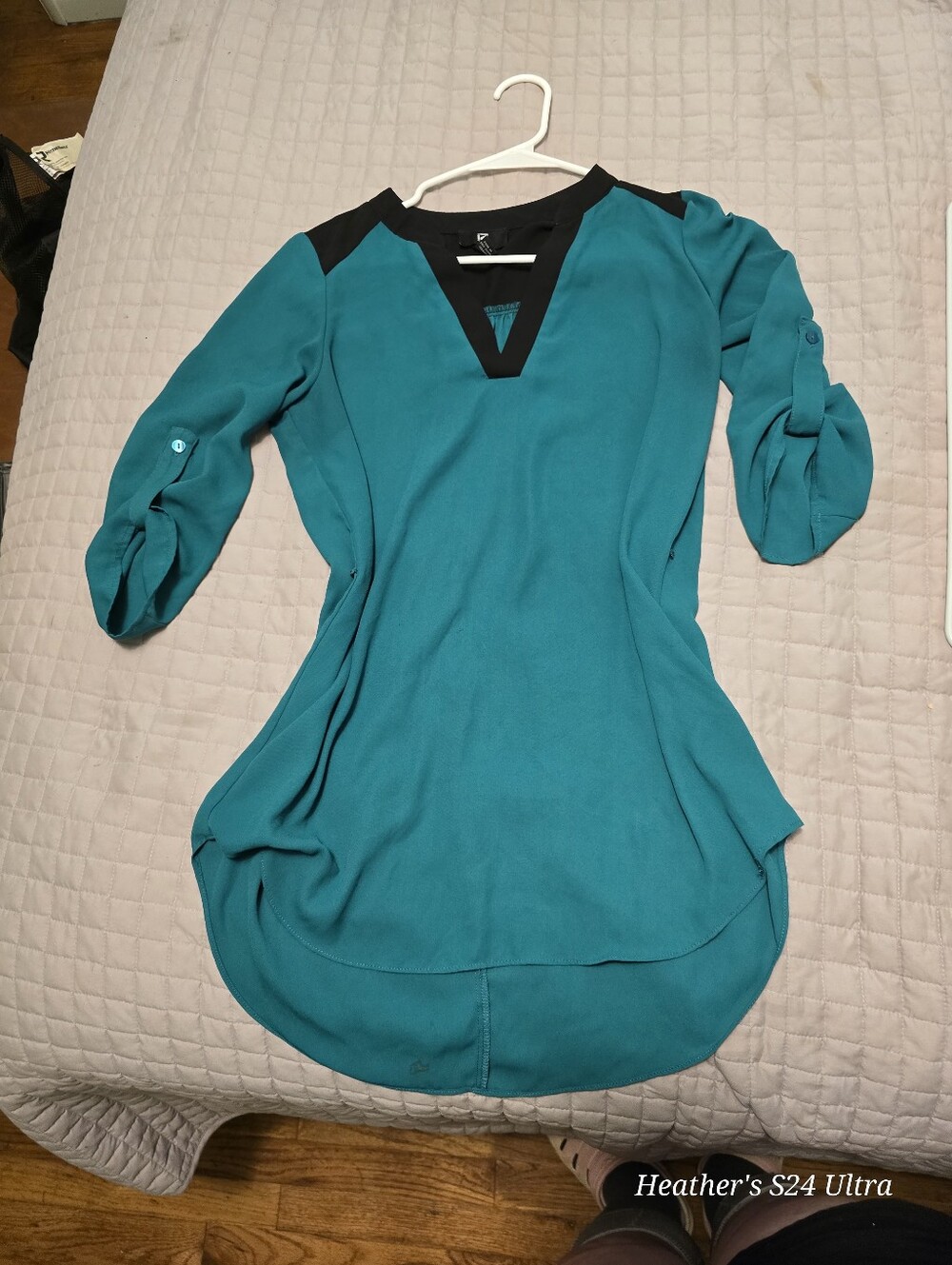 Iz Byer Teal Tunic with Black Accents